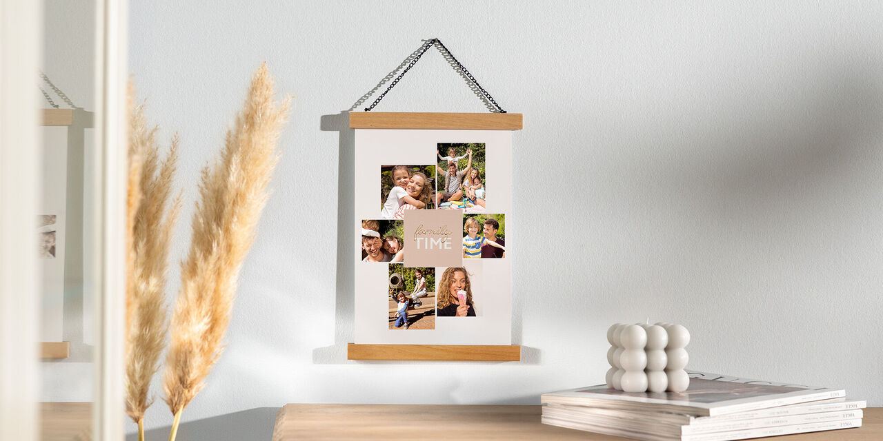 Ce poster montre plusieurs photos d’une jeune famille. On y voit en tout une femme, un homme et deux jeunes enfants. La famille s’amuse beaucoup ensemble.