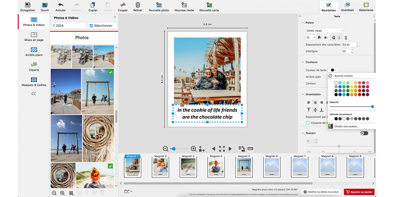 Capture d’écran du logiciel de création CEWE. On y voit le traitement d’un magnet photo de style rétro avec le motif de vacances de deux amies. Dans le bloc de texte sur le bord blanc du magnet, on peut lire « In the cookie of life friends are the chocolate chip ».